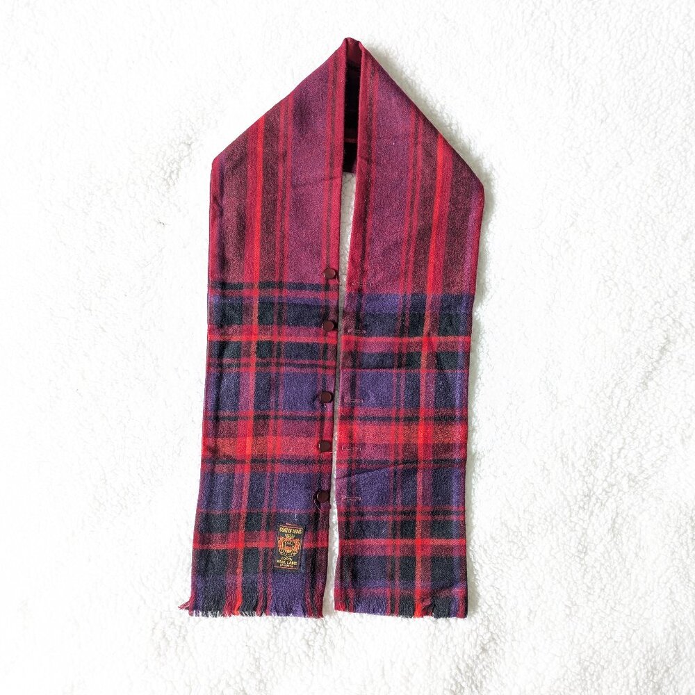 Coat of Arms 100% wool buttoned scarf / faux vest bib in red/purple/black tartan